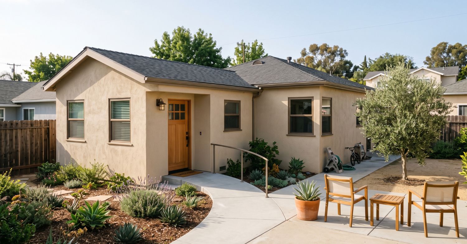Attached San Diego ADU with accessible walkway, private entrance and drought-tolerant backyard landscaping