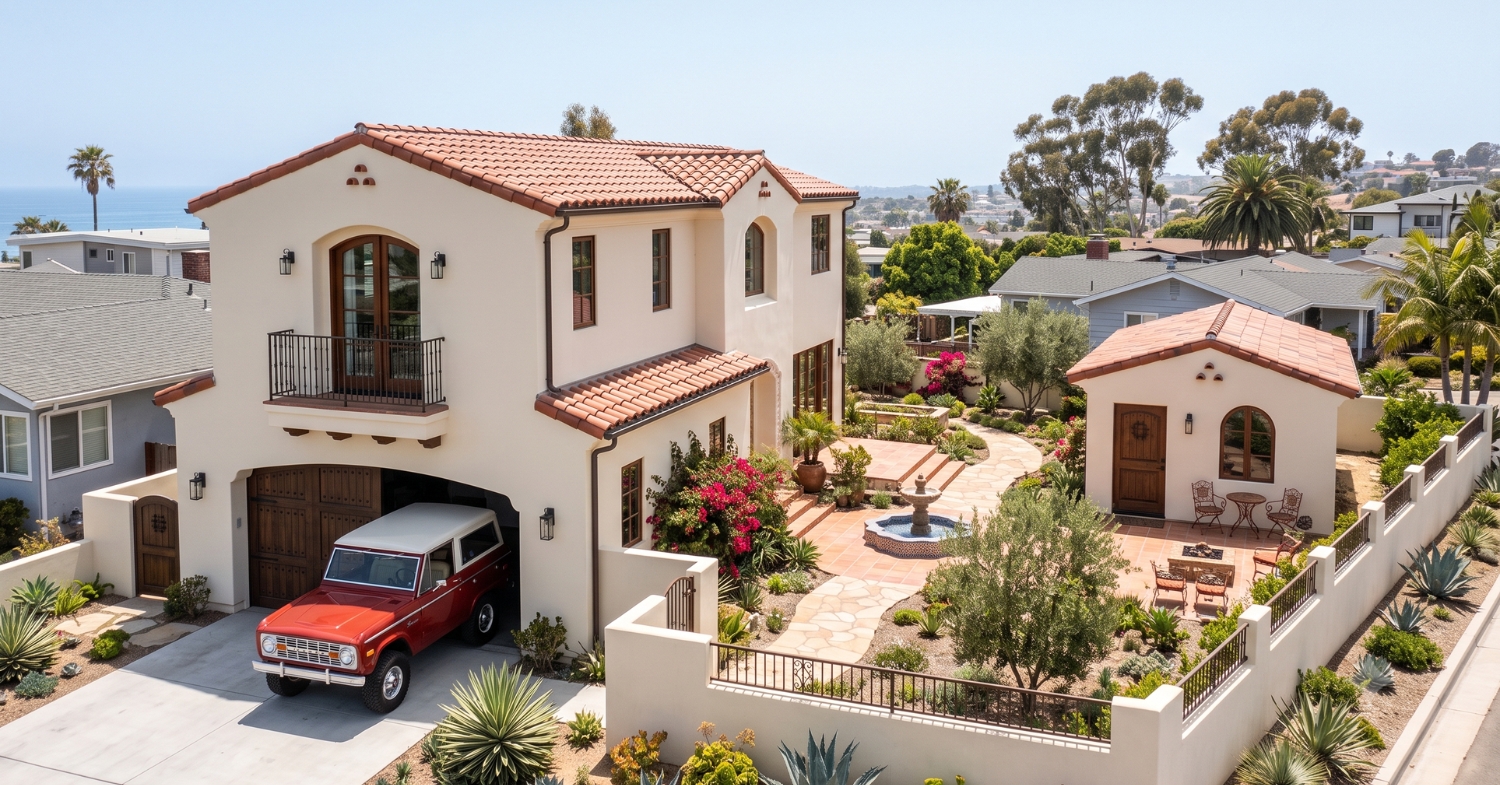 Spanish-style home with a newly constructed accessory dwelling unit
