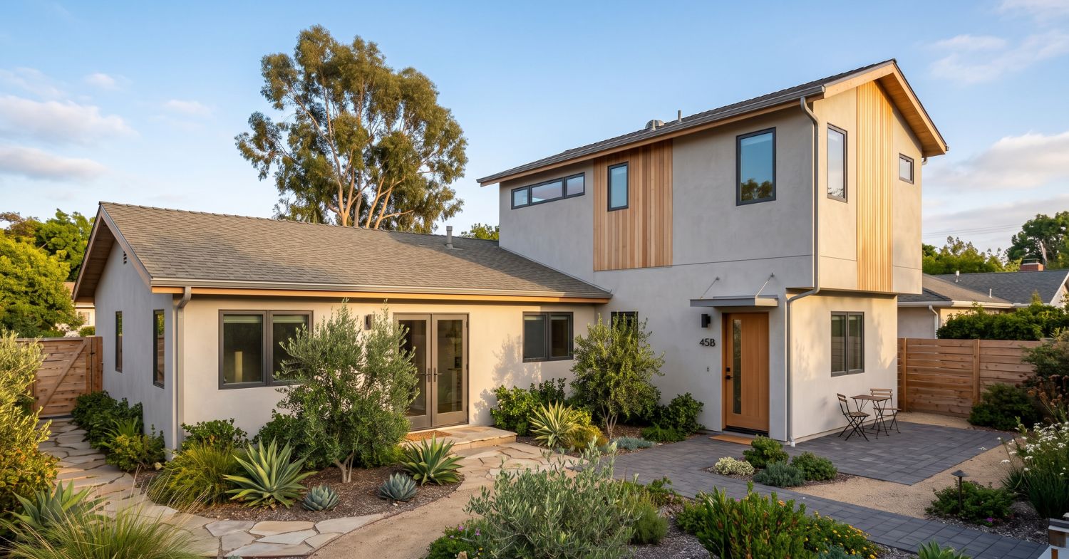 Two-story contemporary ADU attached to a single-story San Diego home with wood accents and drought-tolerant landscaping.