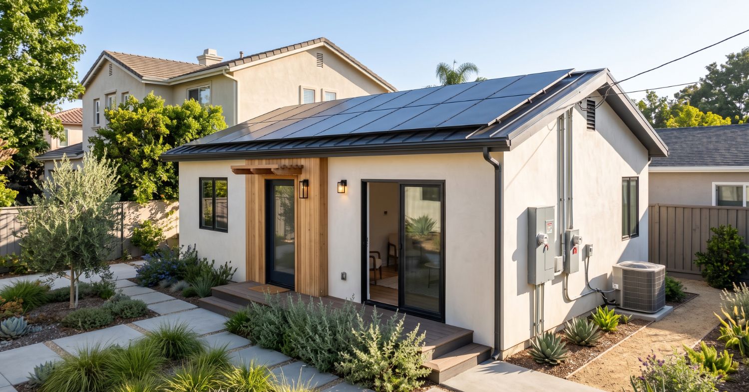 New detached ADU with rooftop solar panels, electrical equipment, HVAC unit, private entrance, and drought-tolerant landscaping.