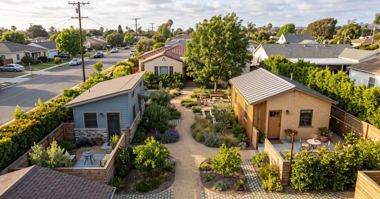 Elevated view of multiple detached ADUs arranged around a landscaped courtyard behind a San Diego single-family home.