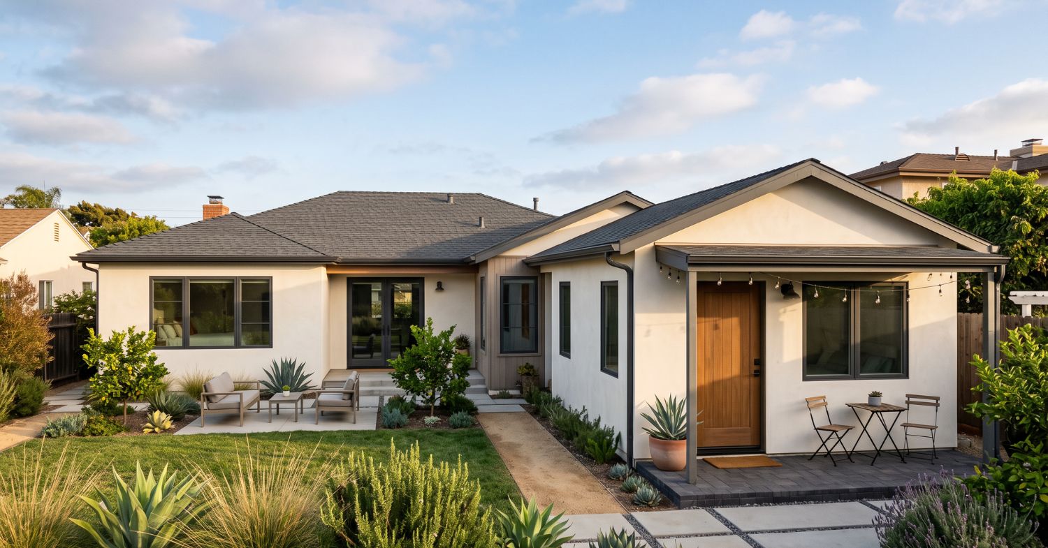 Attached ADU with private entrance integrated into a single-story San Diego home and landscaped backyard