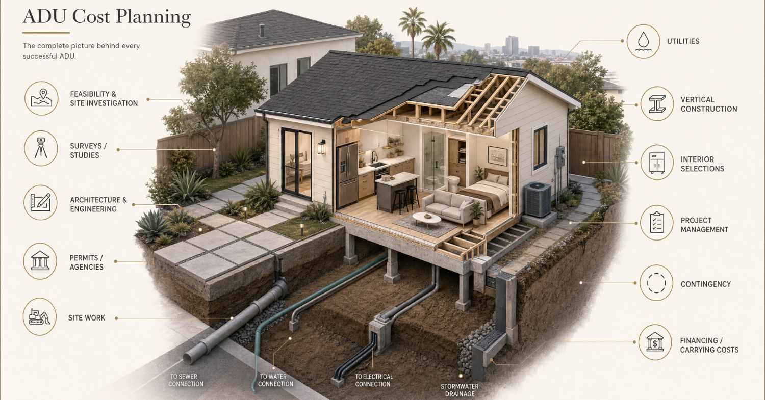 ADU cost planning diagram showing structure, foundation, utilities, site work, interiors and project expenses