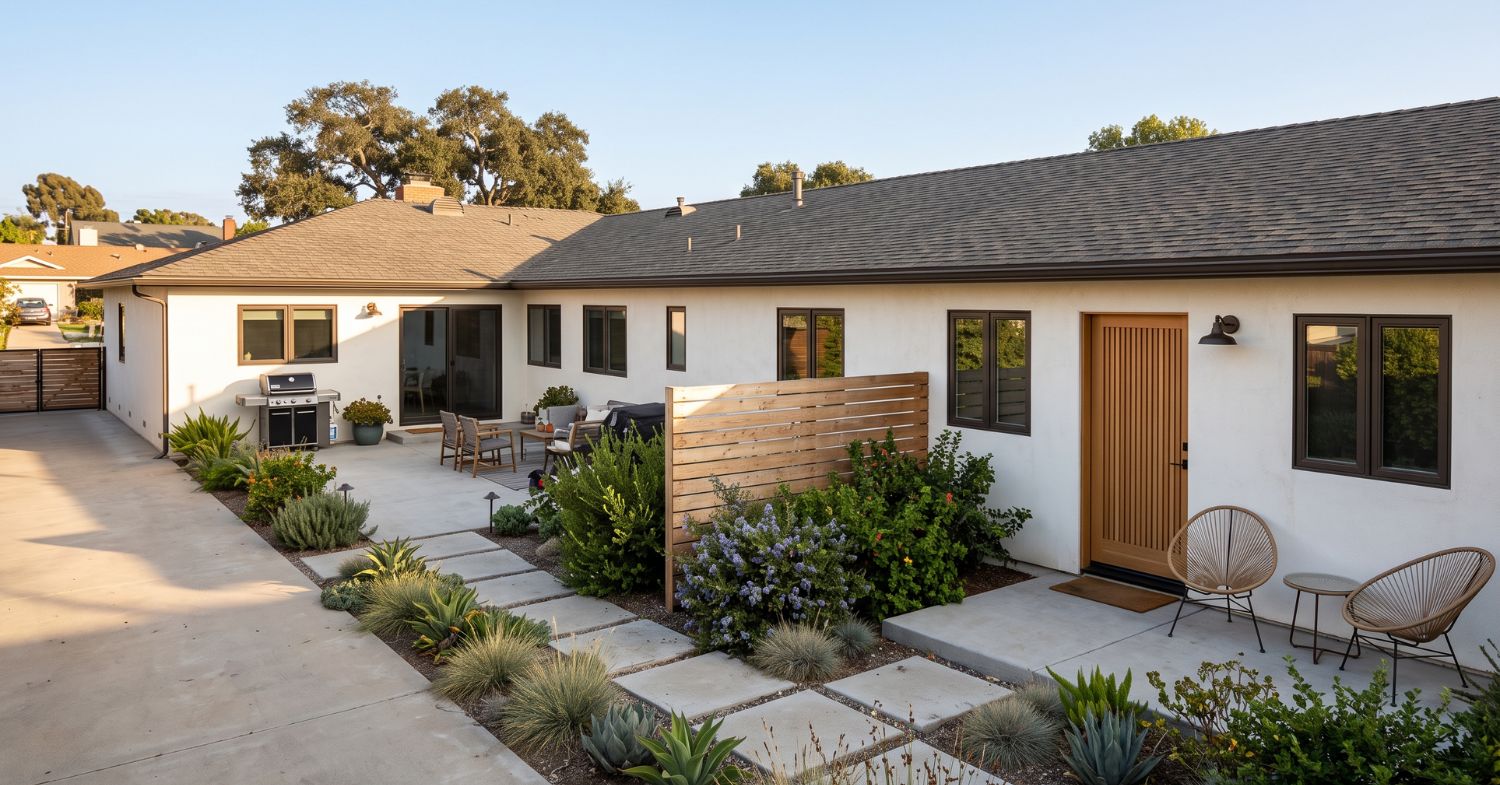 Compact ADU entrance integrated into a single-story home with private patio and landscaped walkway