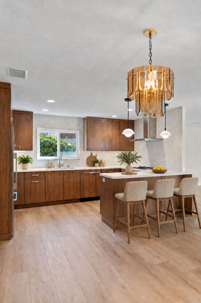 Clairemont living space with exposed wood ceiling beams, ceiling fan, sliding glass doors and light wood flooring.