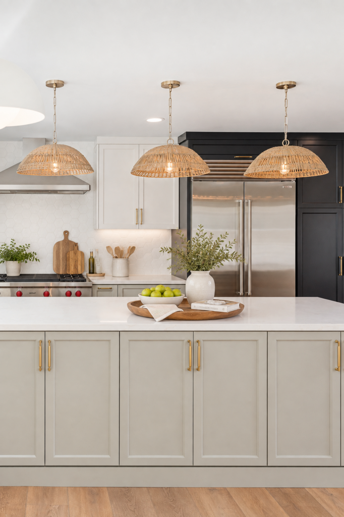 Clairemont kitchen remodel with large island, white cabinetry, farmhouse sink, woven pendants and wood-look flooring.