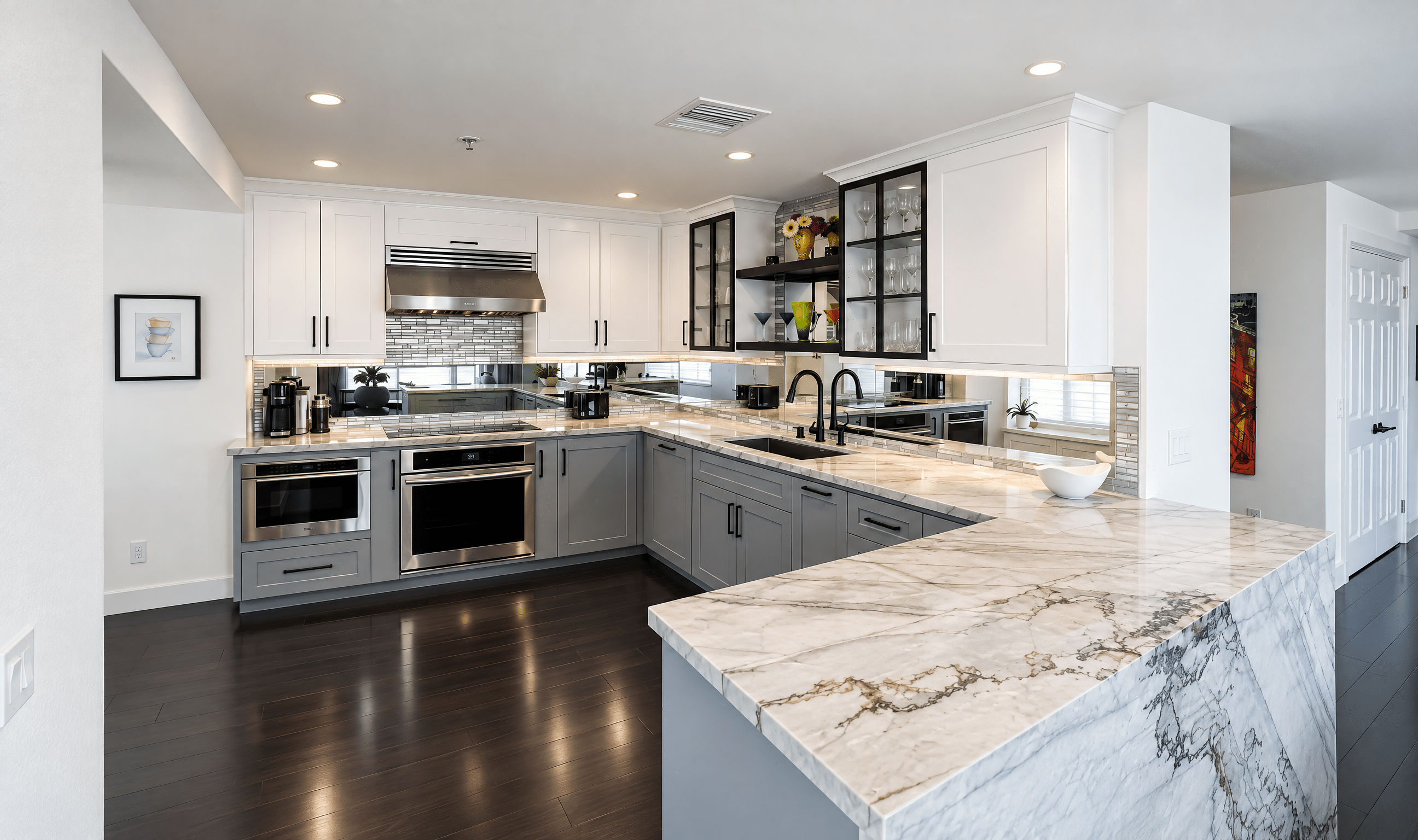 Grey and white kitchen with custom cabinetry 