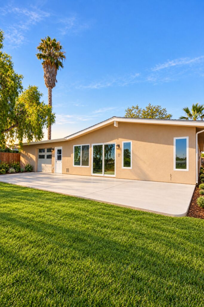 Rear of a stucco home with a single garage door, entry door, sliding glass door and concrete patio beside a lawn
