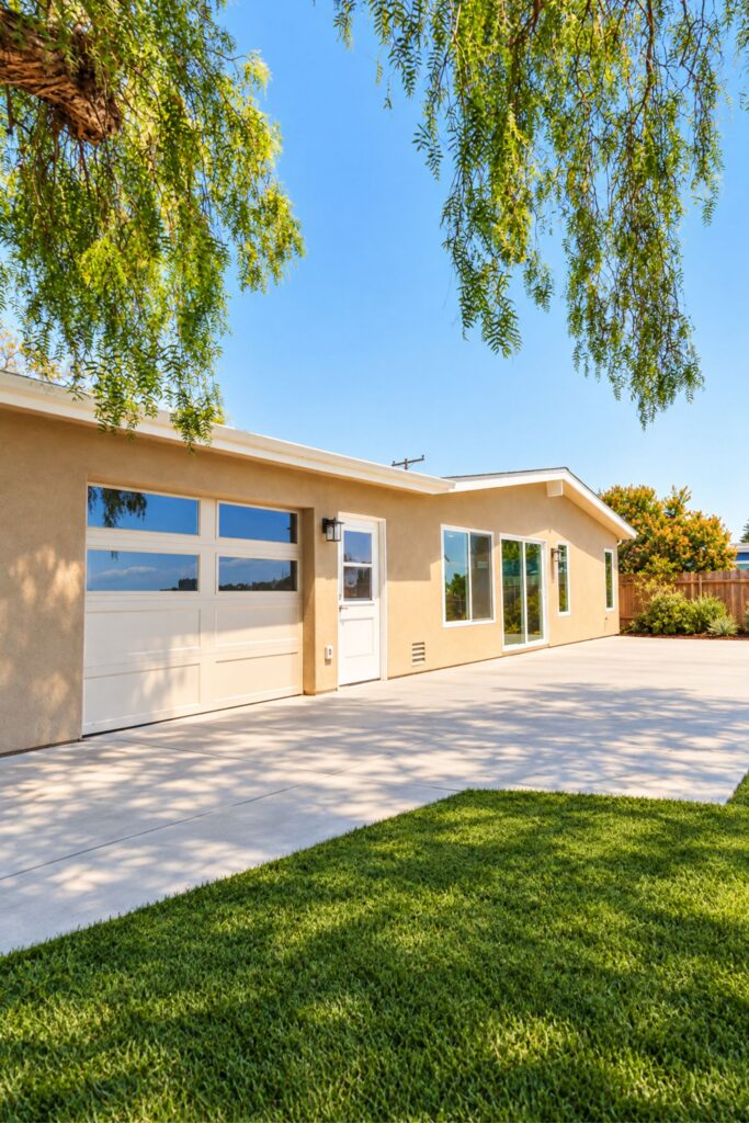 Garage addition with a windowed garage door, white entry door and black sconces along a new concrete slab