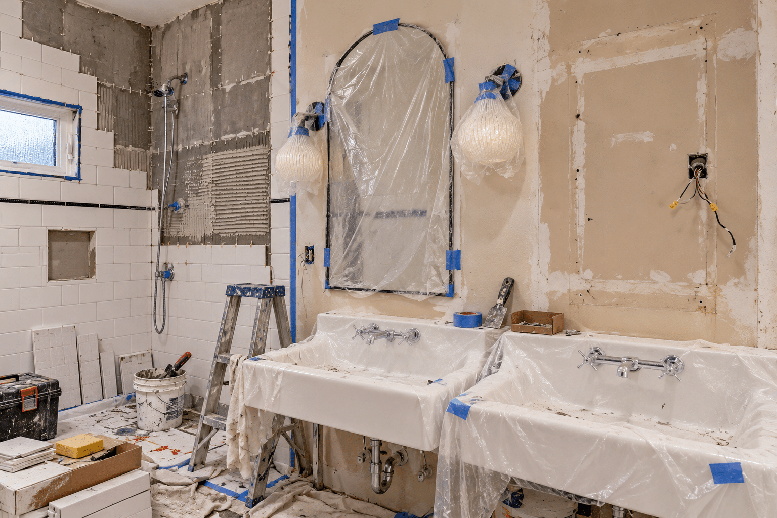 Bathroom renovation in progress with partially installed subway tile, unfinished shower walls, plastic-covered sinks, construction ladder, and tile installation tools.