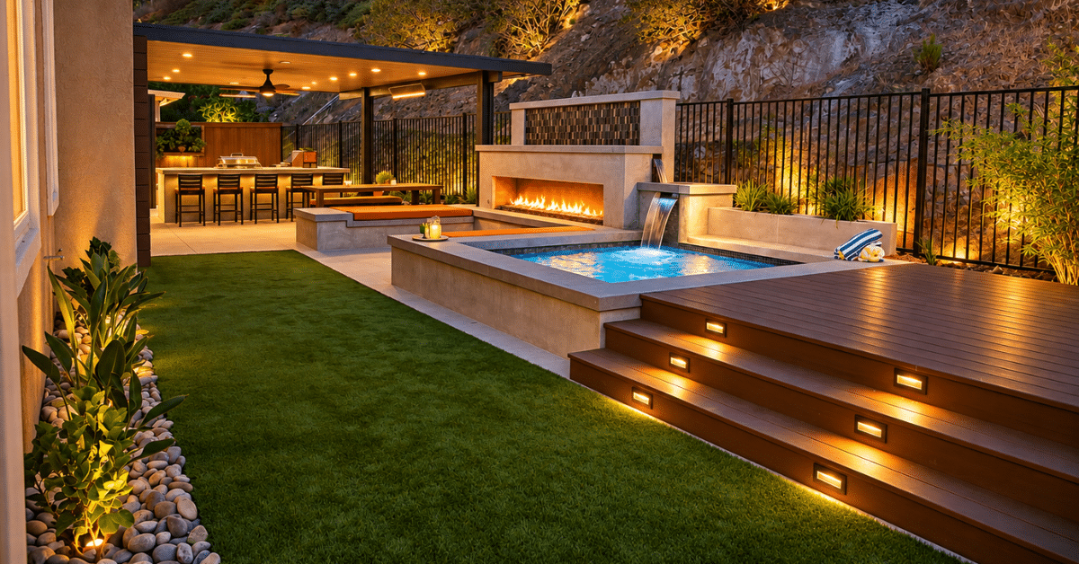 Backyard at night with a raised plunge pool and waterfall, a linear gas fireplace, a covered outdoor kitchen, lit composite deck steps and artificial turf below a hillside.
