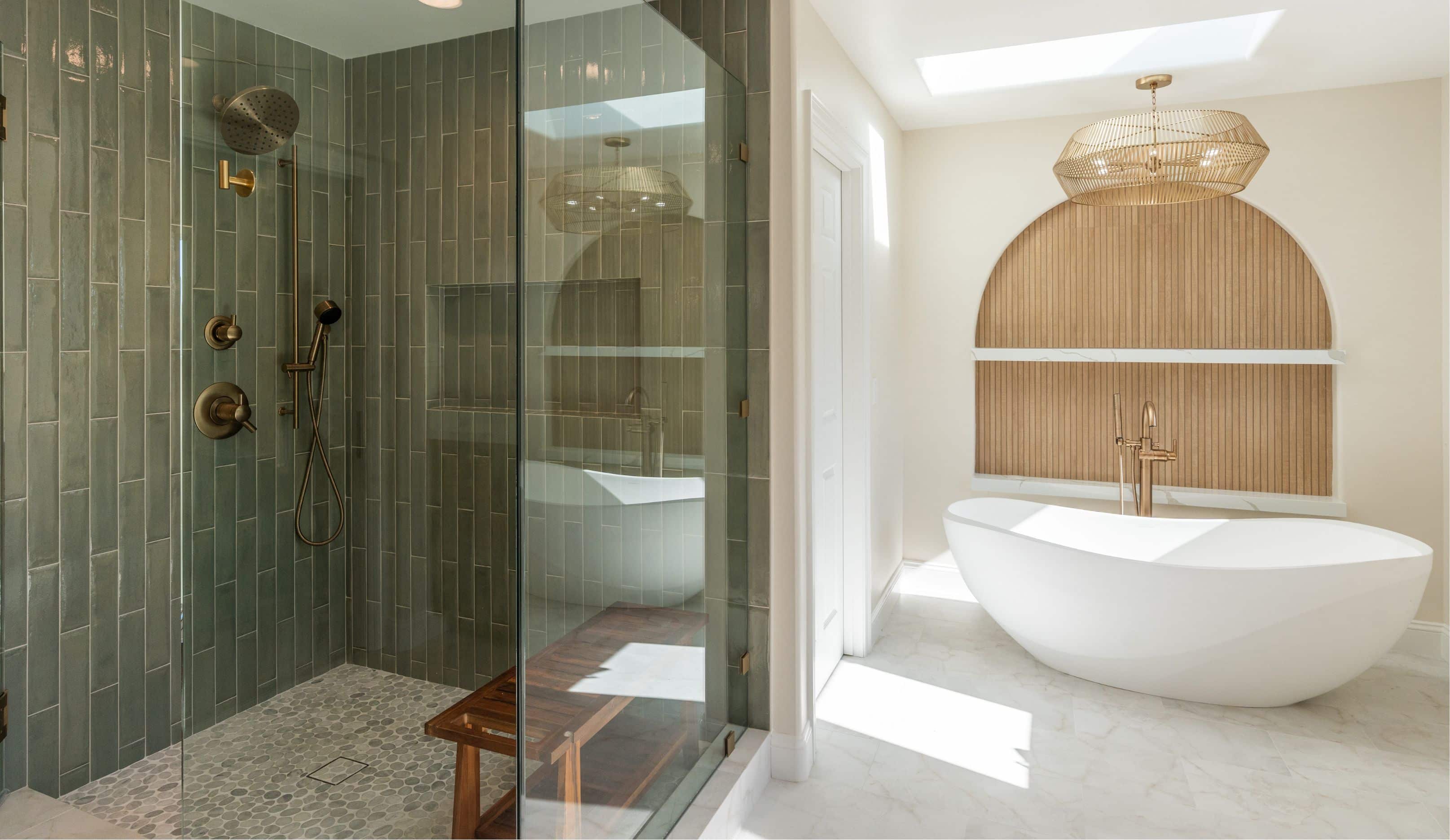 Encinitas primary bath remodel with green tile walk-in shower, pebble floor and freestanding tub beneath a skylight