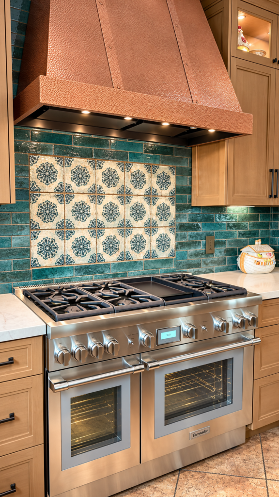 Kitchen with a hand-hammered copper range hood over a stainless steel dual-oven range with a center griddle, a patterned blue-and-cream tile panel set into teal brick-style backsplash tile, light wood cabinets with glass-front uppers, and white stone countertops.